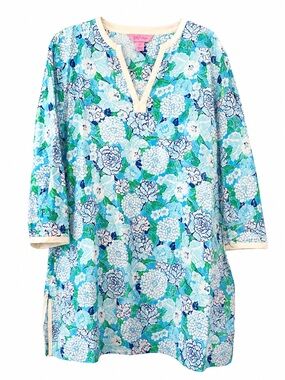 Lilly Pulitzer XL Beach/Pool  Blue Green Floral Tunic Coverup with Cream Trim